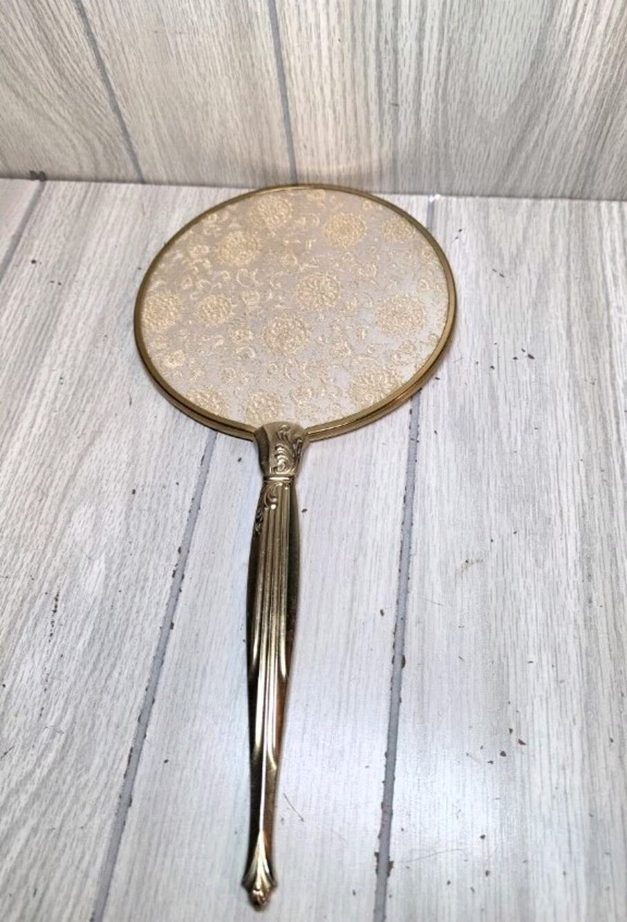 Antique Brass Vanity Mirror Gold Accent Floral Handheld Victorian Style Decor